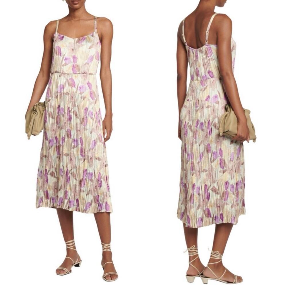 NWT Vince Magnolia Floral Pleated Midi Dress Sun Dew Purple Yellow Size Small